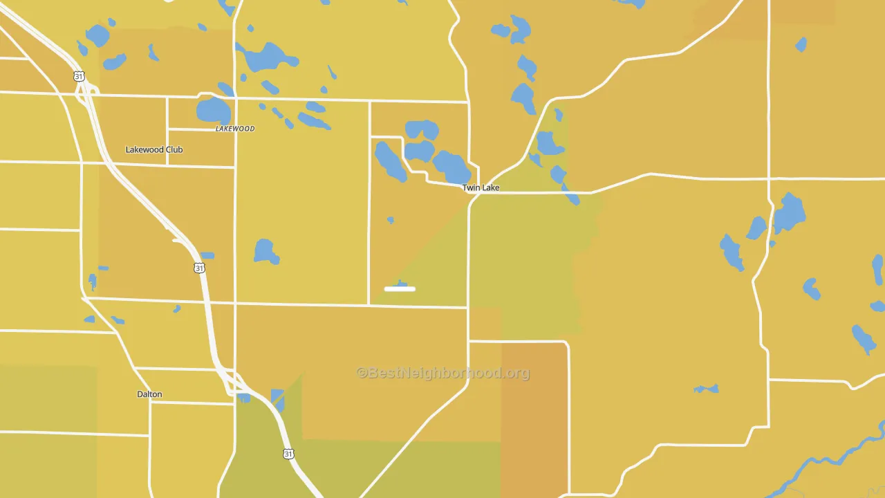 Map of the best neighborhoods in the 49457 area, with better matches in green and worse matches in red