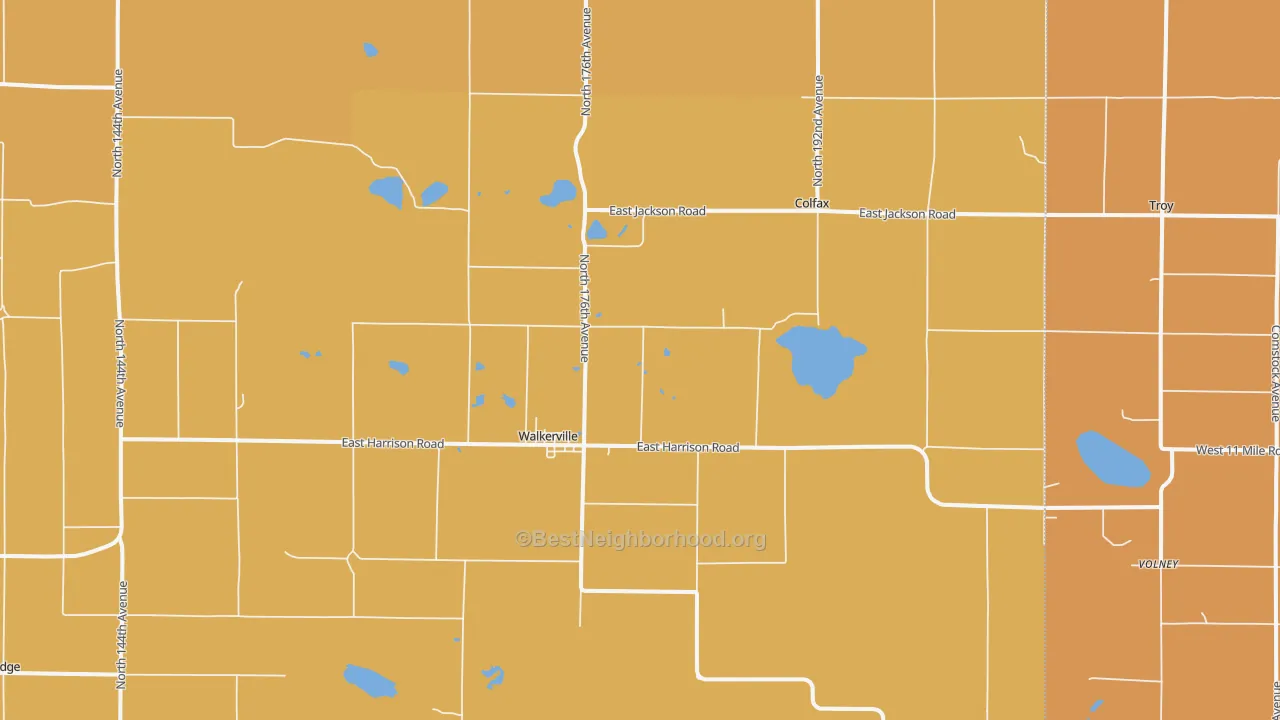 Map of the best neighborhoods in the 49459 area, with better matches in green and worse matches in red