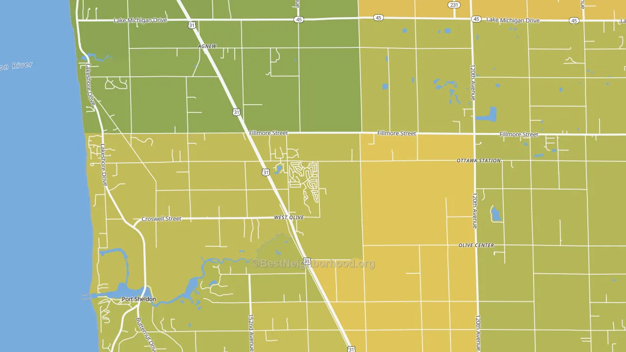 Map of the best neighborhoods in the 49460 area, with better matches in green and worse matches in red