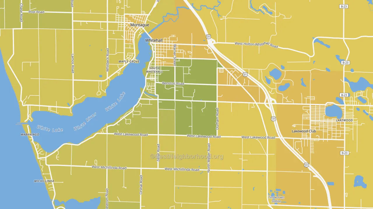 Map of the best neighborhoods in the 49461 area, with better matches in green and worse matches in red