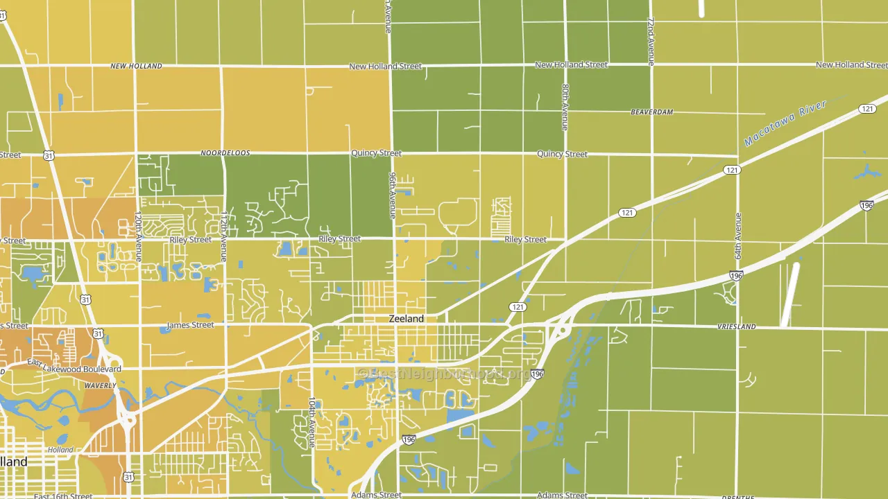 Map of the best neighborhoods in the 49464 area, with better matches in green and worse matches in red
