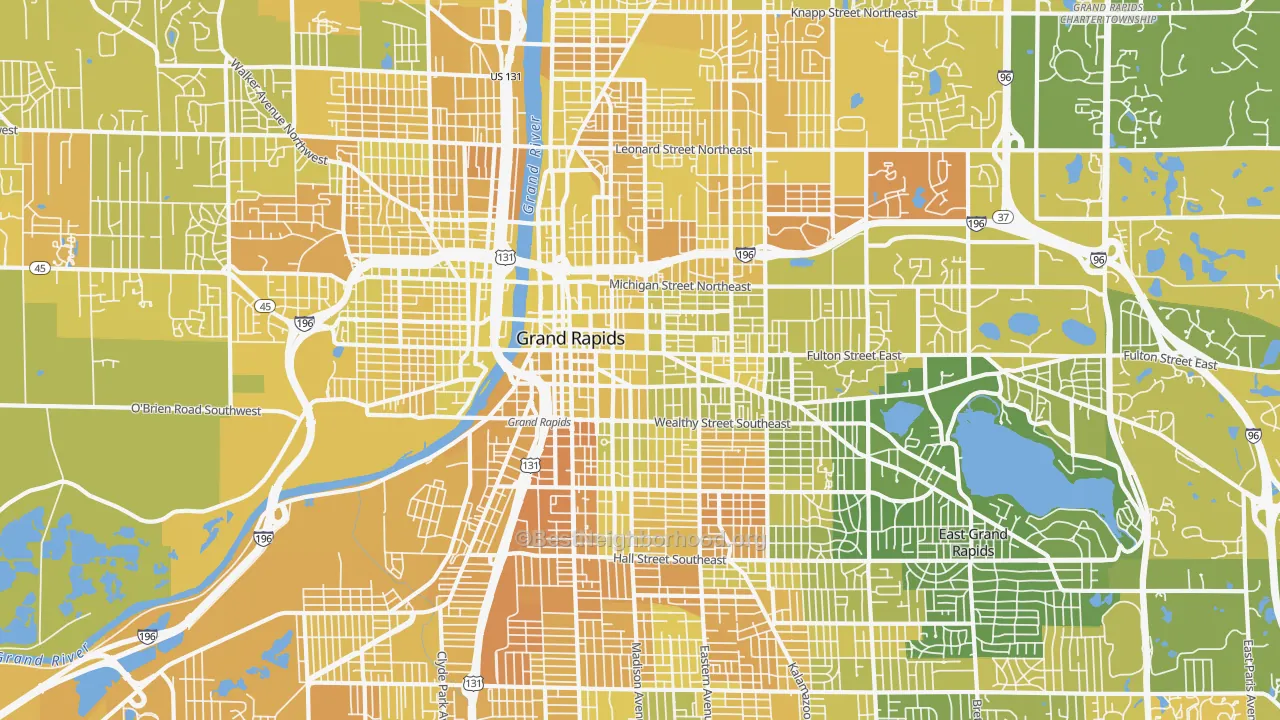 Map of the best neighborhoods in the 49503 area, with better matches in green and worse matches in red