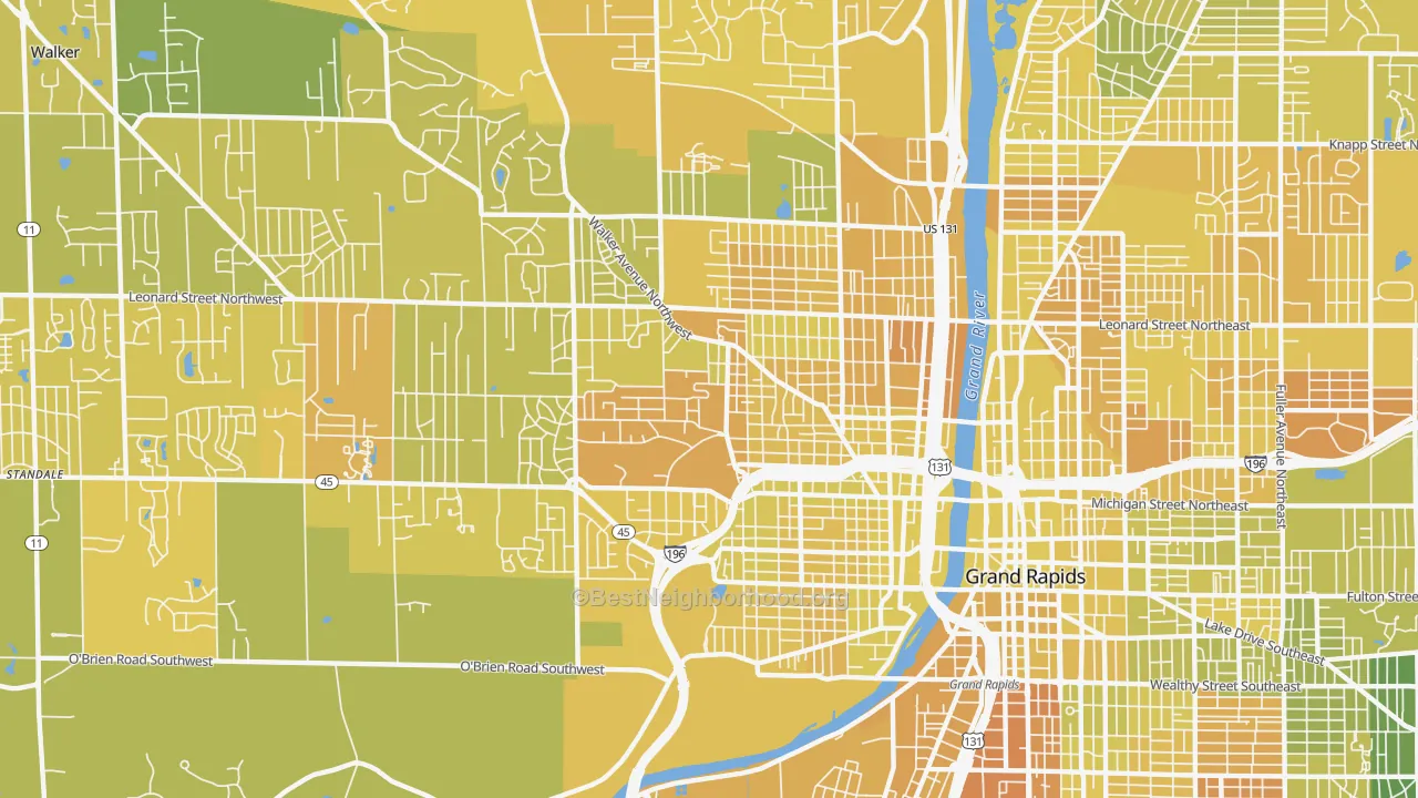Map of the best neighborhoods in the 49504 area, with better matches in green and worse matches in red