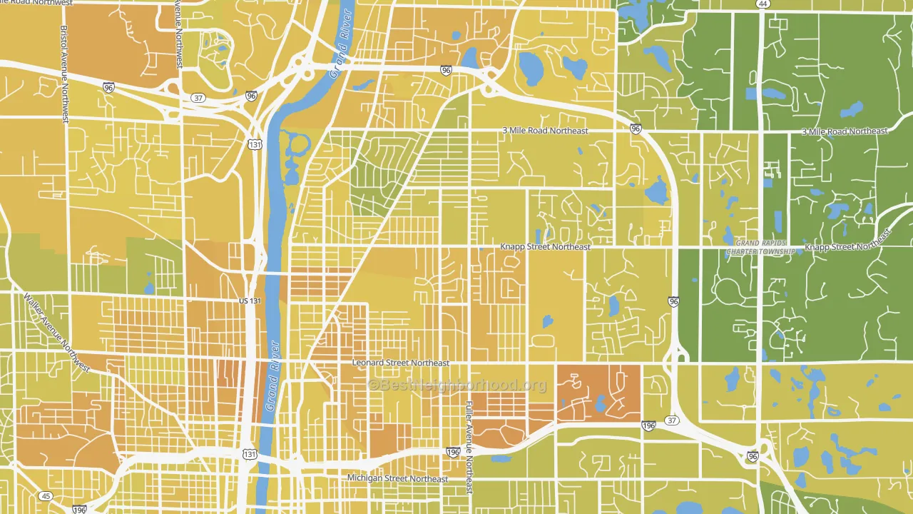 Map of the best neighborhoods in the 49505 area, with better matches in green and worse matches in red