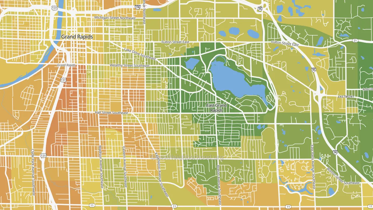 Map of the best neighborhoods in the 49506 area, with better matches in green and worse matches in red