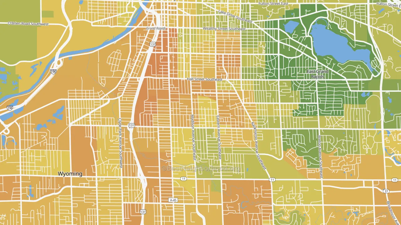Map of the best neighborhoods in the 49507 area, with better matches in green and worse matches in red
