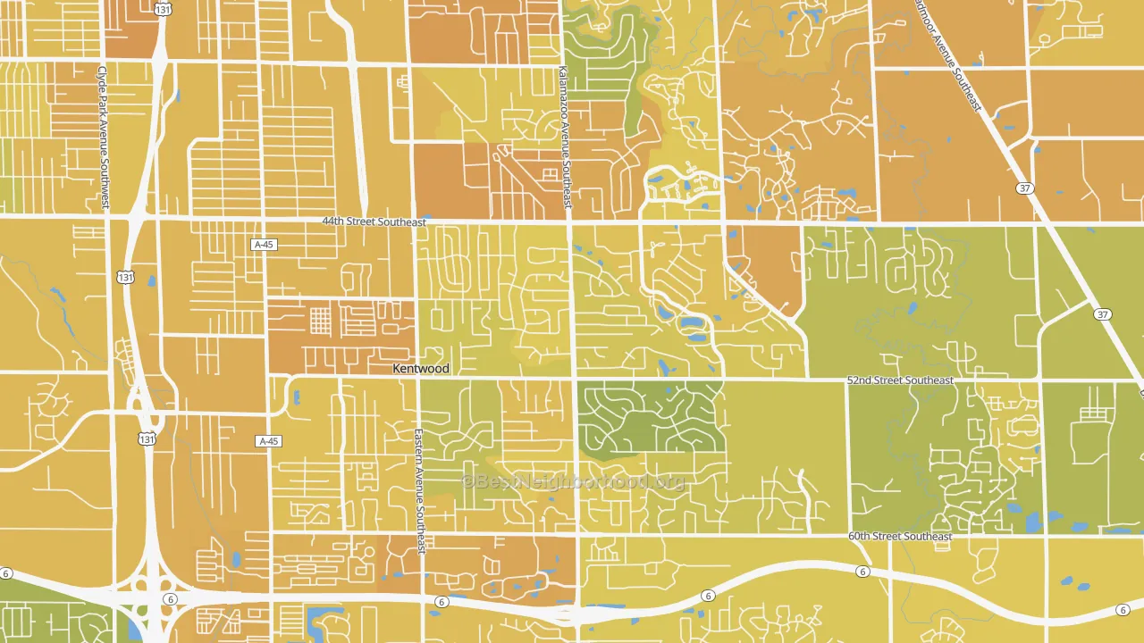Map of the best neighborhoods in the 49508 area, with better matches in green and worse matches in red