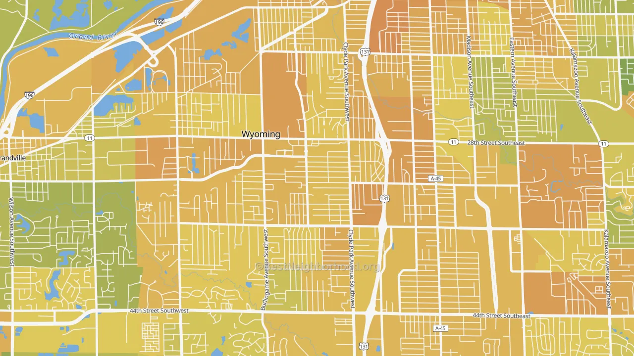 Map of the best neighborhoods in the 49509 area, with better matches in green and worse matches in red