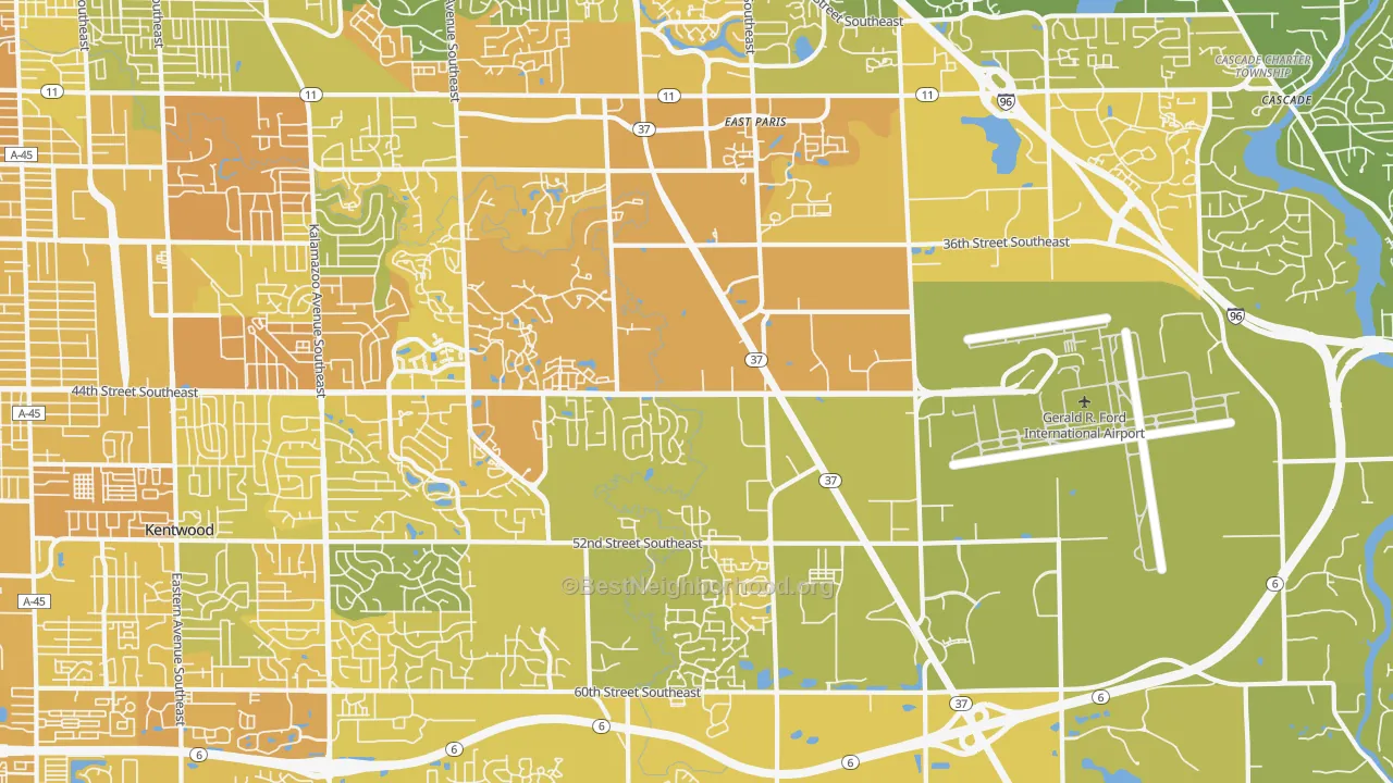 Map of the best neighborhoods in the 49512 area, with better matches in green and worse matches in red