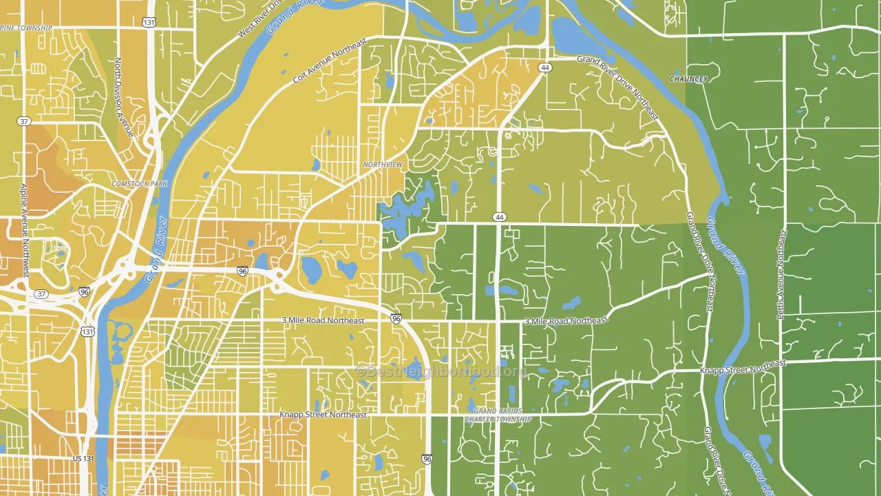 Map of the best neighborhoods in the 49525 area, with better matches in green and worse matches in red