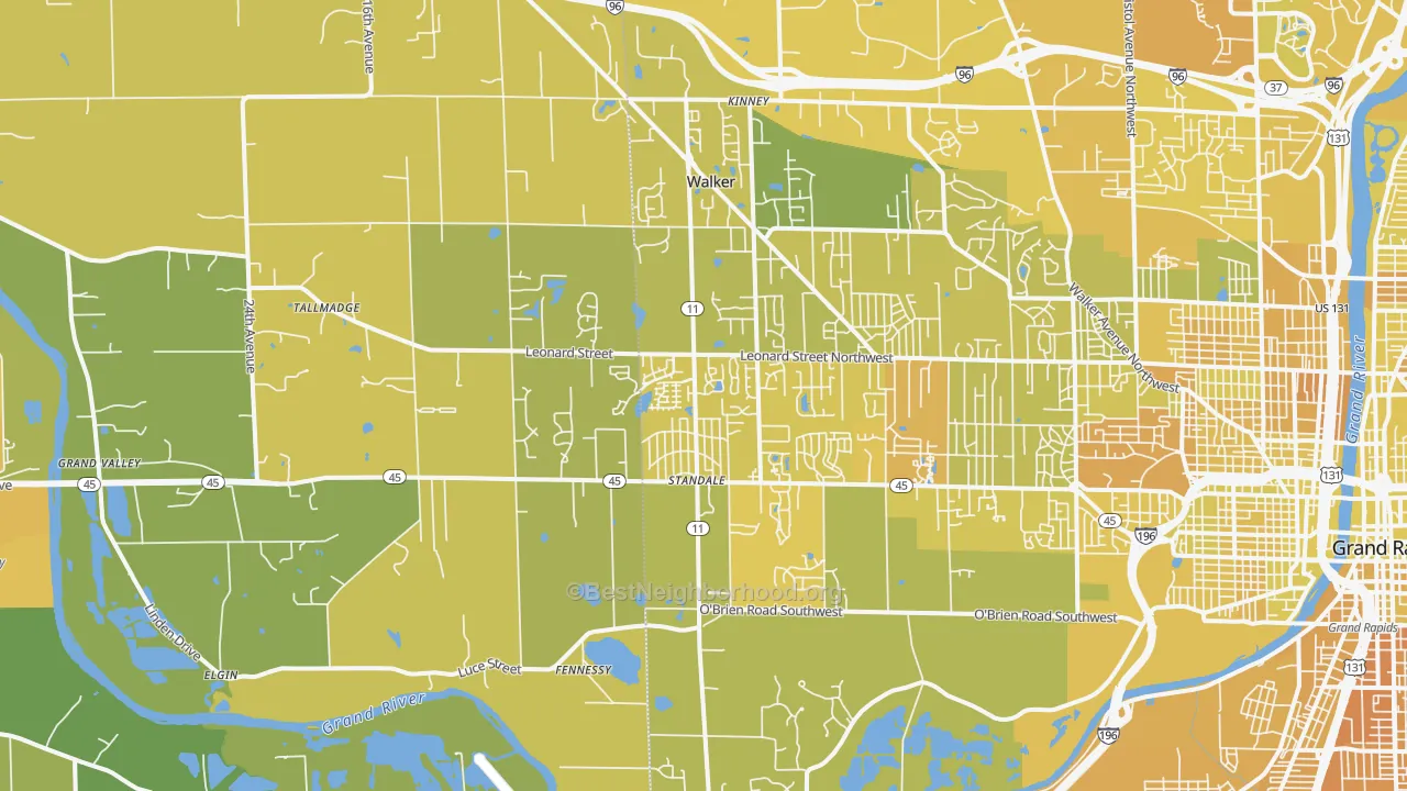 Map of the best neighborhoods in the 49534 area, with better matches in green and worse matches in red