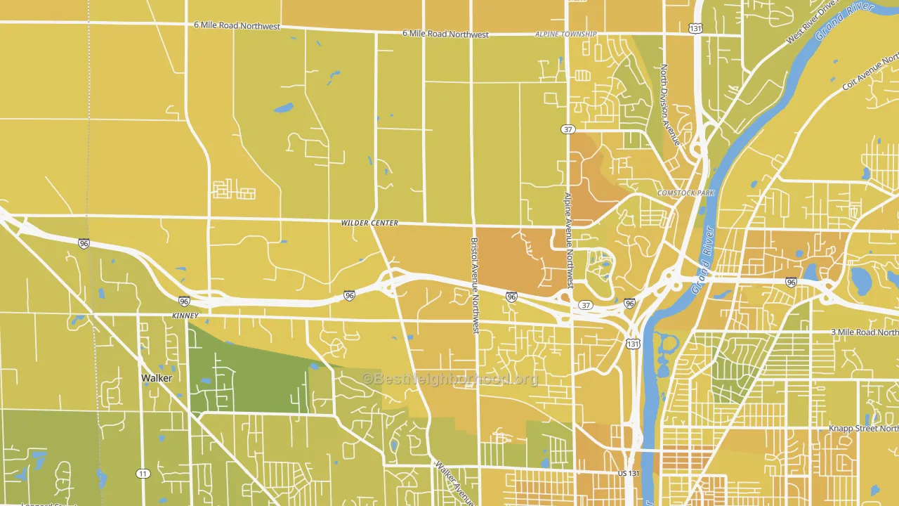 Map of the best neighborhoods in the 49544 area, with better matches in green and worse matches in red