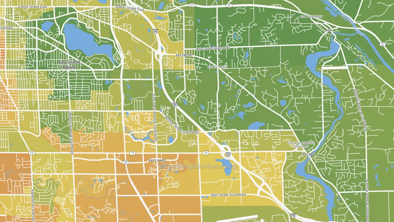 Map of the best neighborhoods in the 49546 area, with better matches in green and worse matches in red