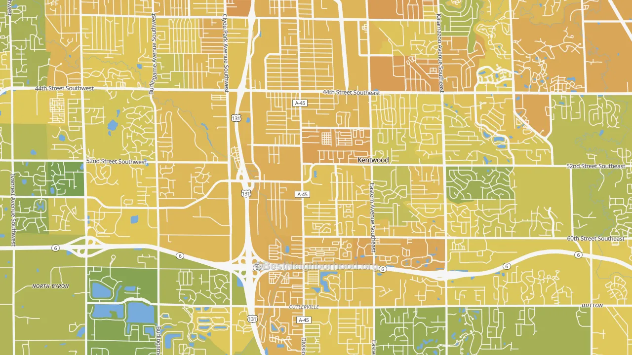 Map of the best neighborhoods in the 49548 area, with better matches in green and worse matches in red