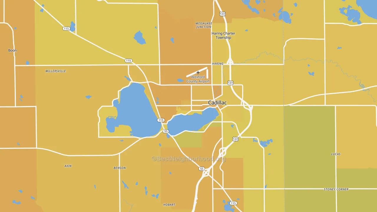 Map of the best neighborhoods in the 49601 area, with better matches in green and worse matches in red