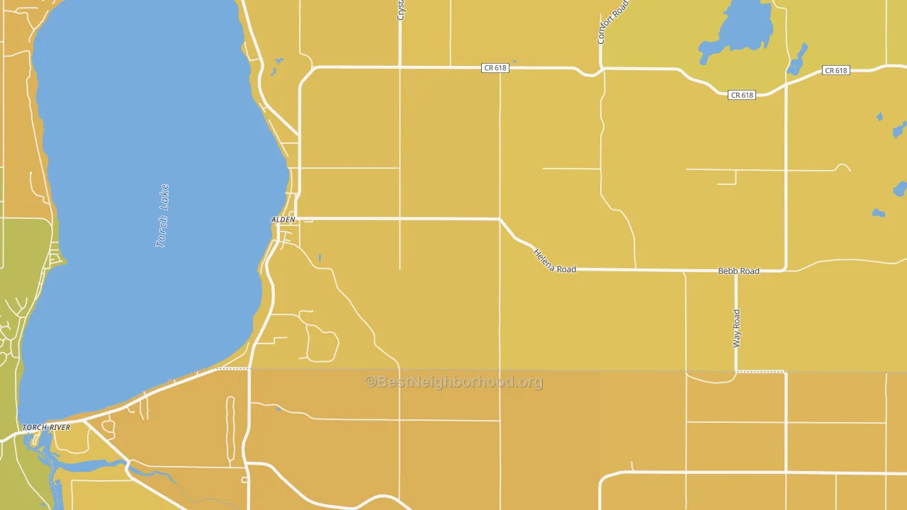Map of the best neighborhoods in the 49612 area, with better matches in green and worse matches in red