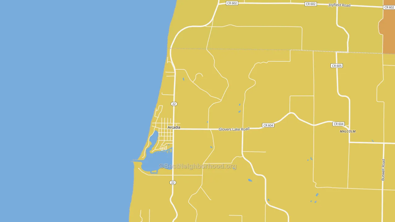 Map of the best neighborhoods in the 49613 area, with better matches in green and worse matches in red