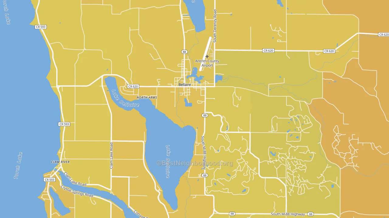 Map of the best neighborhoods in the 49615 area, with better matches in green and worse matches in red