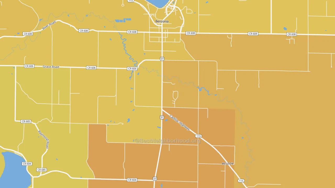 Map of the best neighborhoods in the 49616 area, with better matches in green and worse matches in red