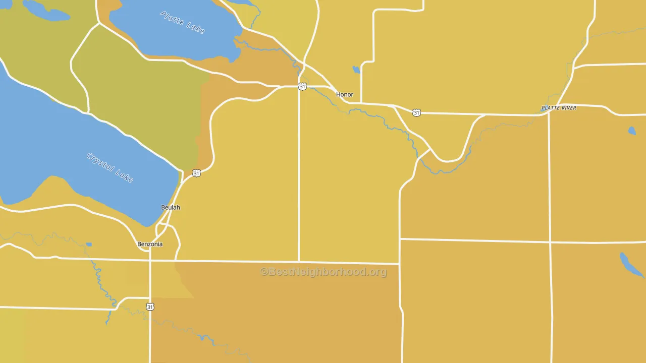 Map of the best neighborhoods in the 49617 area, with better matches in green and worse matches in red