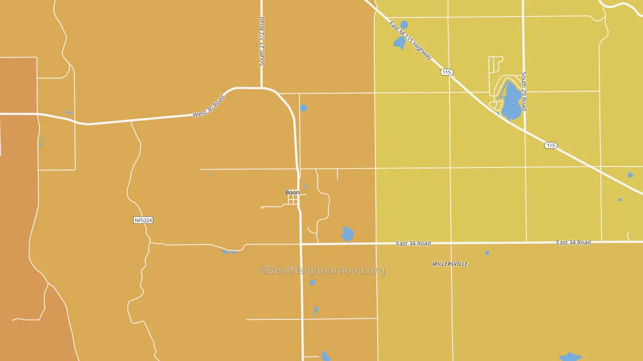 Map of the best neighborhoods in the 49618 area, with better matches in green and worse matches in red