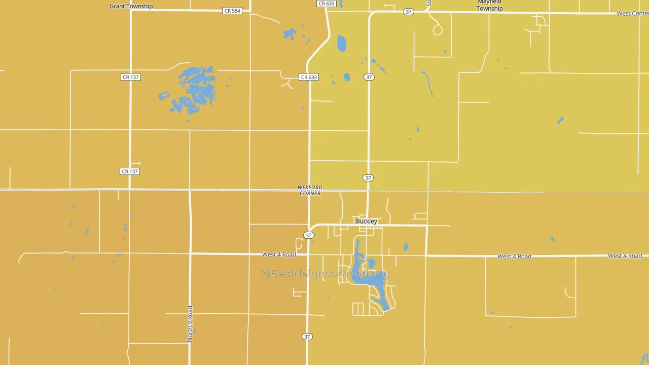 Map of the best neighborhoods in the 49620 area, with better matches in green and worse matches in red