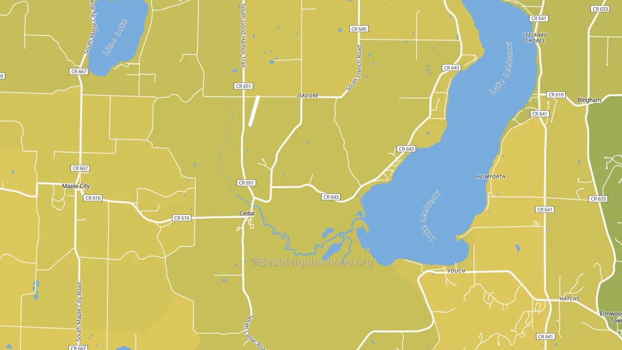 Map of the best neighborhoods in the 49621 area, with better matches in green and worse matches in red