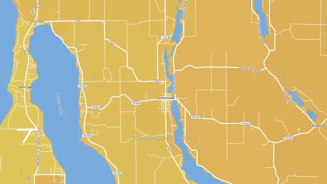 Map of the best neighborhoods in the 49622 area, with better matches in green and worse matches in red