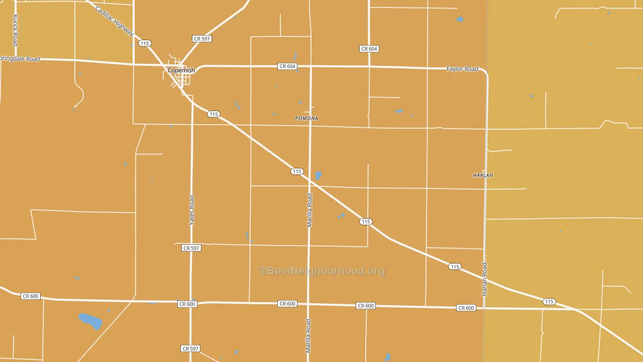 Map of the best neighborhoods in the 49625 area, with better matches in green and worse matches in red