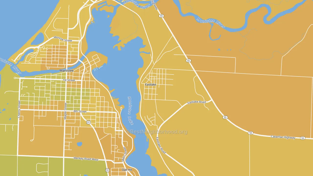 Map of the best neighborhoods in the 49626 area, with better matches in green and worse matches in red