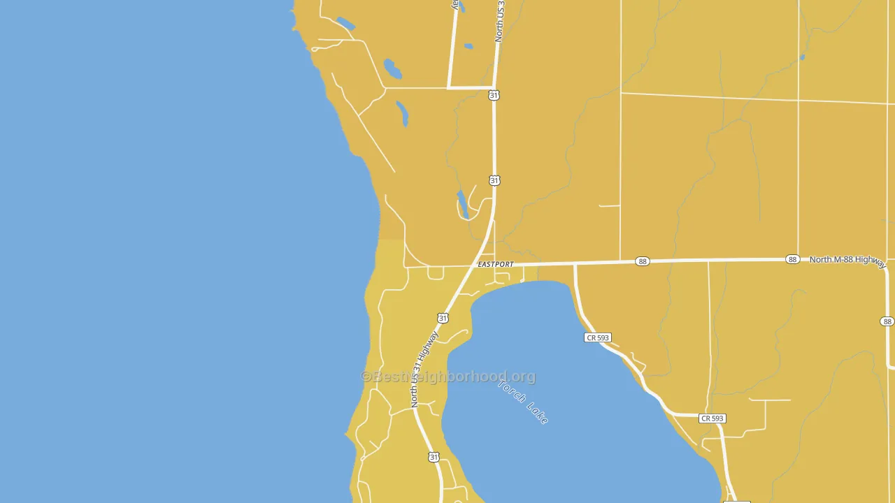 Map of the best neighborhoods in the 49627 area, with better matches in green and worse matches in red