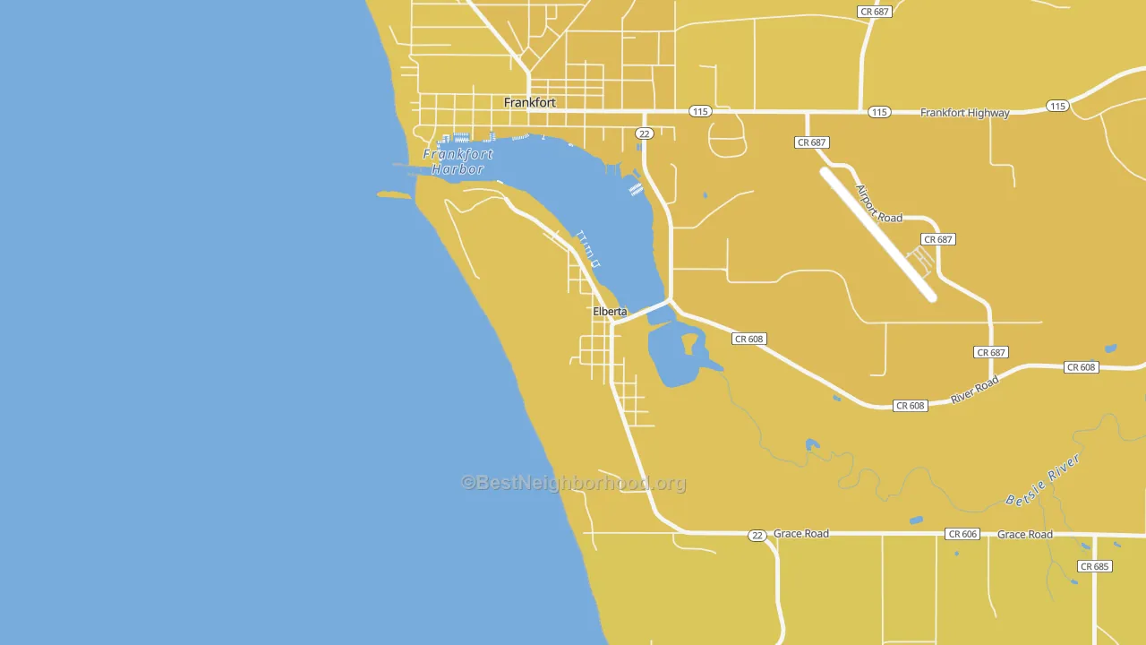 Map of the best neighborhoods in the 49628 area, with better matches in green and worse matches in red