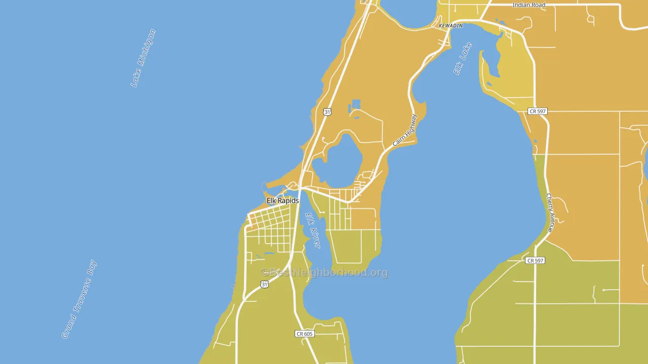 Map of the best neighborhoods in the 49629 area, with better matches in green and worse matches in red