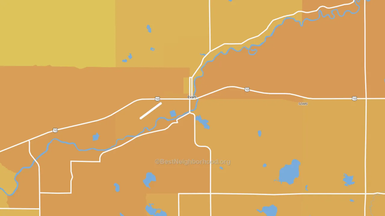 Map of the best neighborhoods in the 49631 area, with better matches in green and worse matches in red