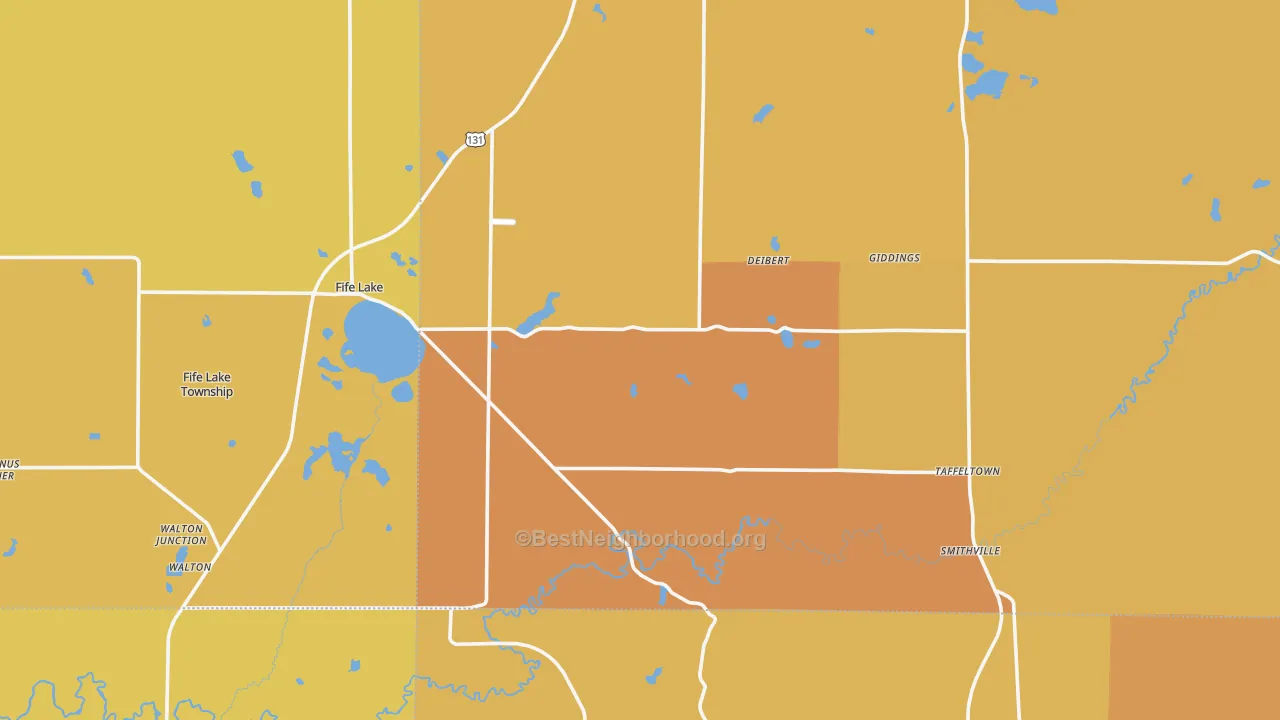 Map of the best neighborhoods in the 49633 area, with better matches in green and worse matches in red