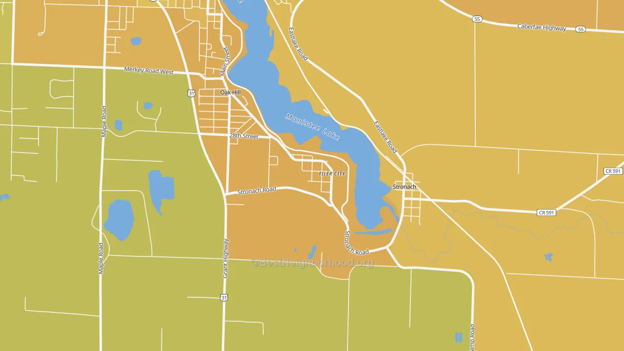 Map of the best neighborhoods in the 49634 area, with better matches in green and worse matches in red