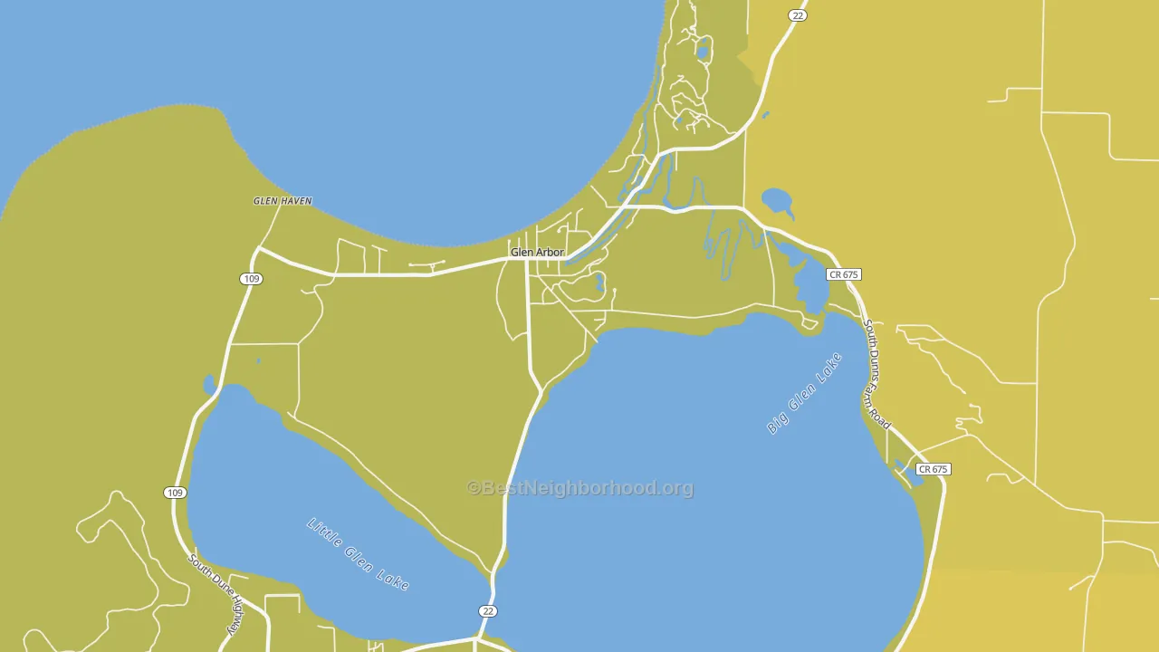 Map of the best neighborhoods in the 49636 area, with better matches in green and worse matches in red