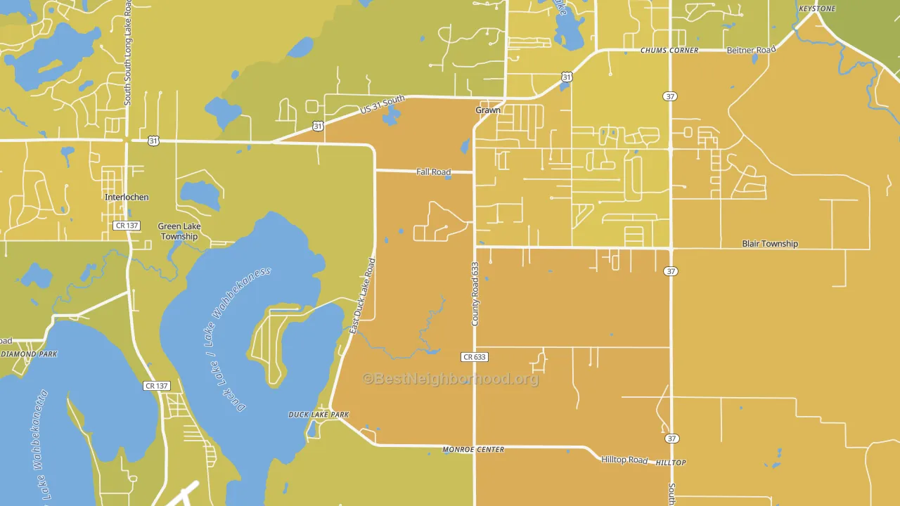 Map of the best neighborhoods in the 49637 area, with better matches in green and worse matches in red