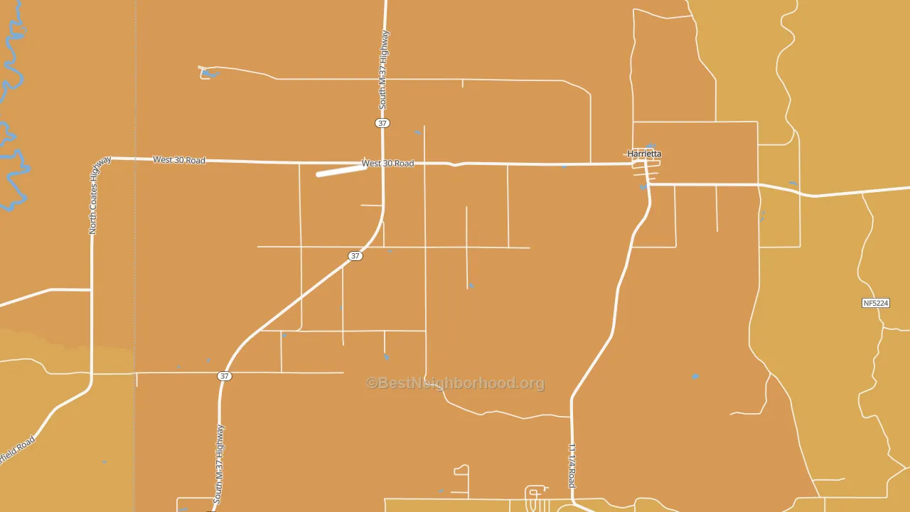Map of the best neighborhoods in the 49638 area, with better matches in green and worse matches in red