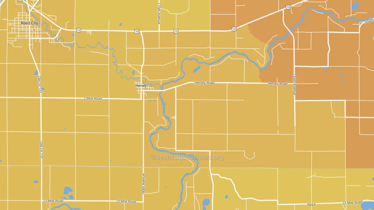 Map of the best neighborhoods in the 49639 area, with better matches in green and worse matches in red