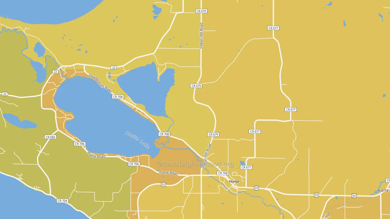 Map of the best neighborhoods in the 49640 area, with better matches in green and worse matches in red
