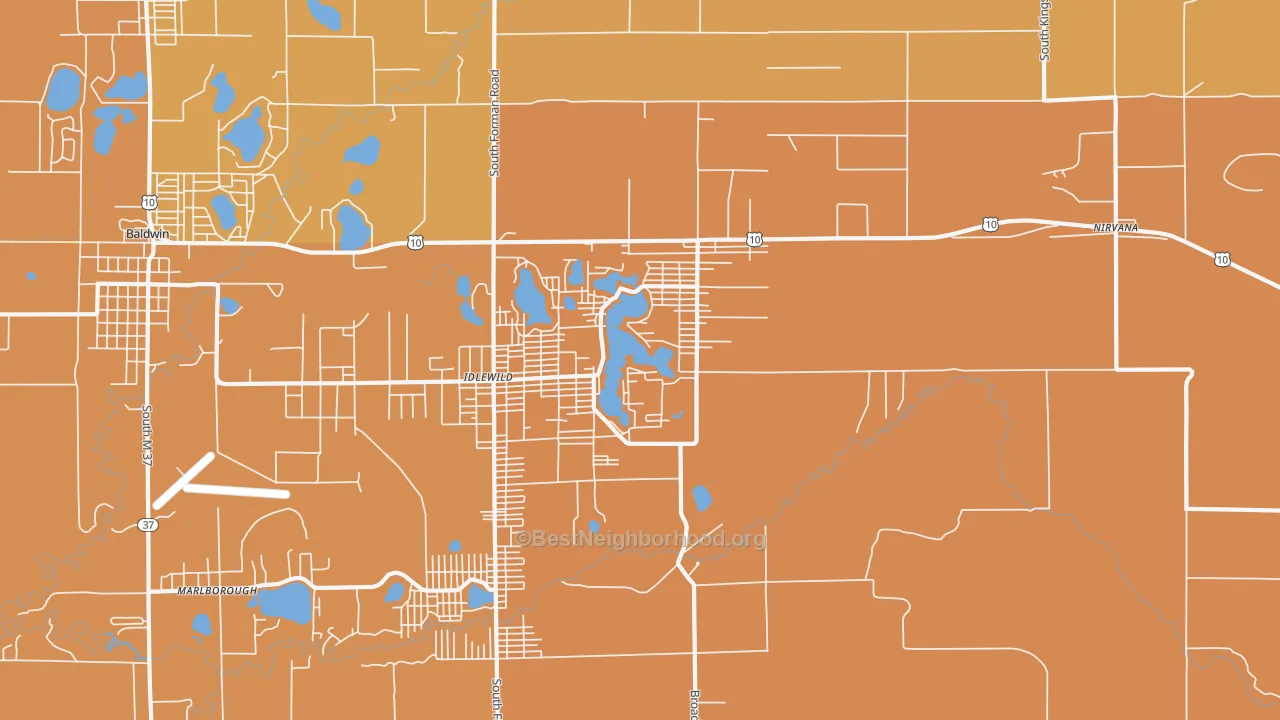 Map of the best neighborhoods in the 49642 area, with better matches in green and worse matches in red