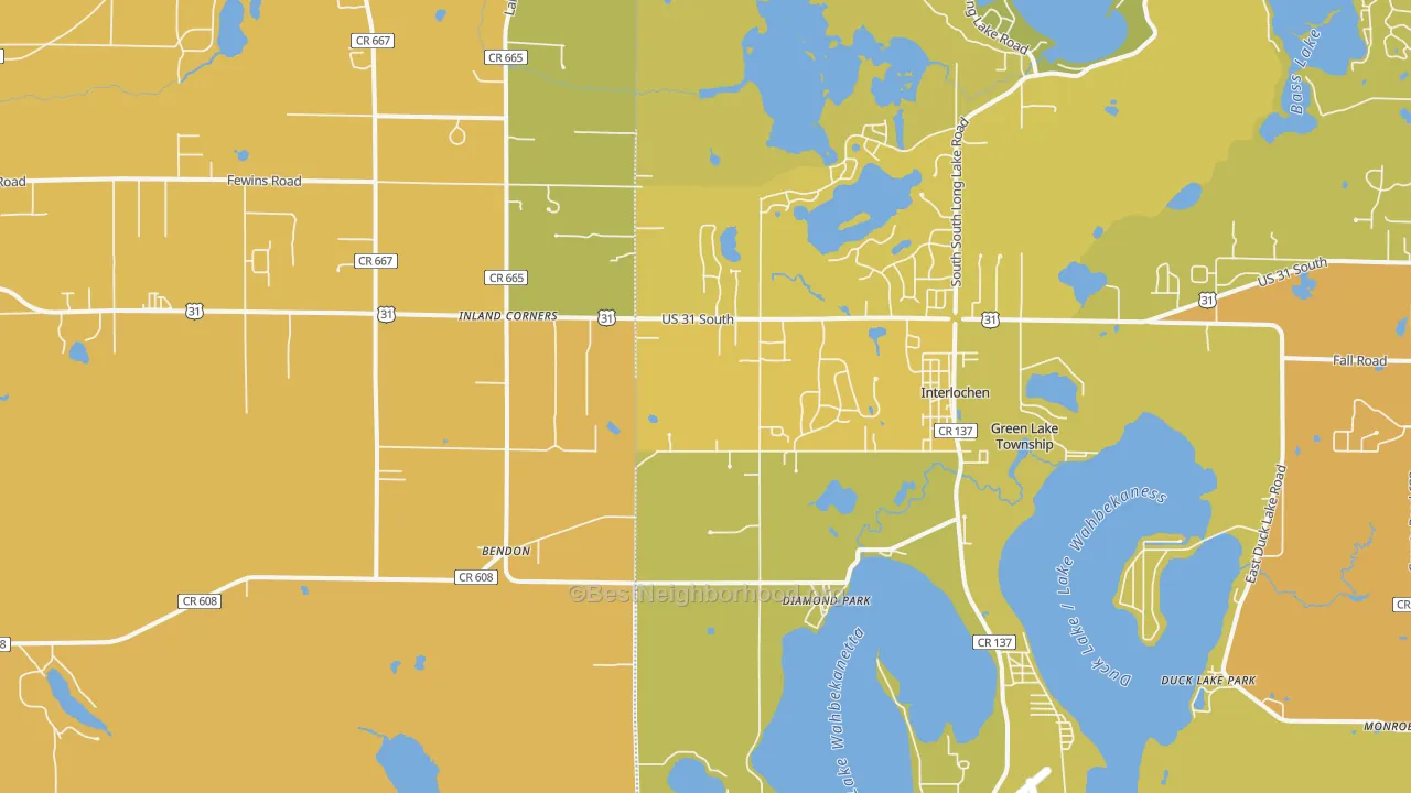 Map of the best neighborhoods in the 49643 area, with better matches in green and worse matches in red