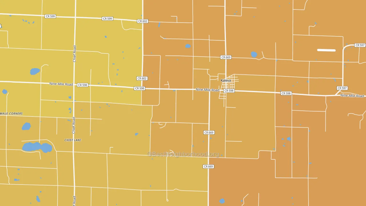 Map of the best neighborhoods in the 49645 area, with better matches in green and worse matches in red
