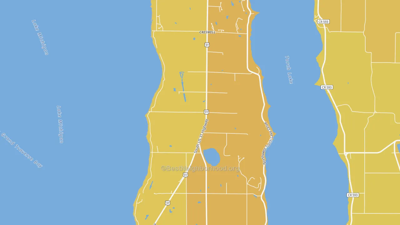 Map of the best neighborhoods in the 49648 area, with better matches in green and worse matches in red