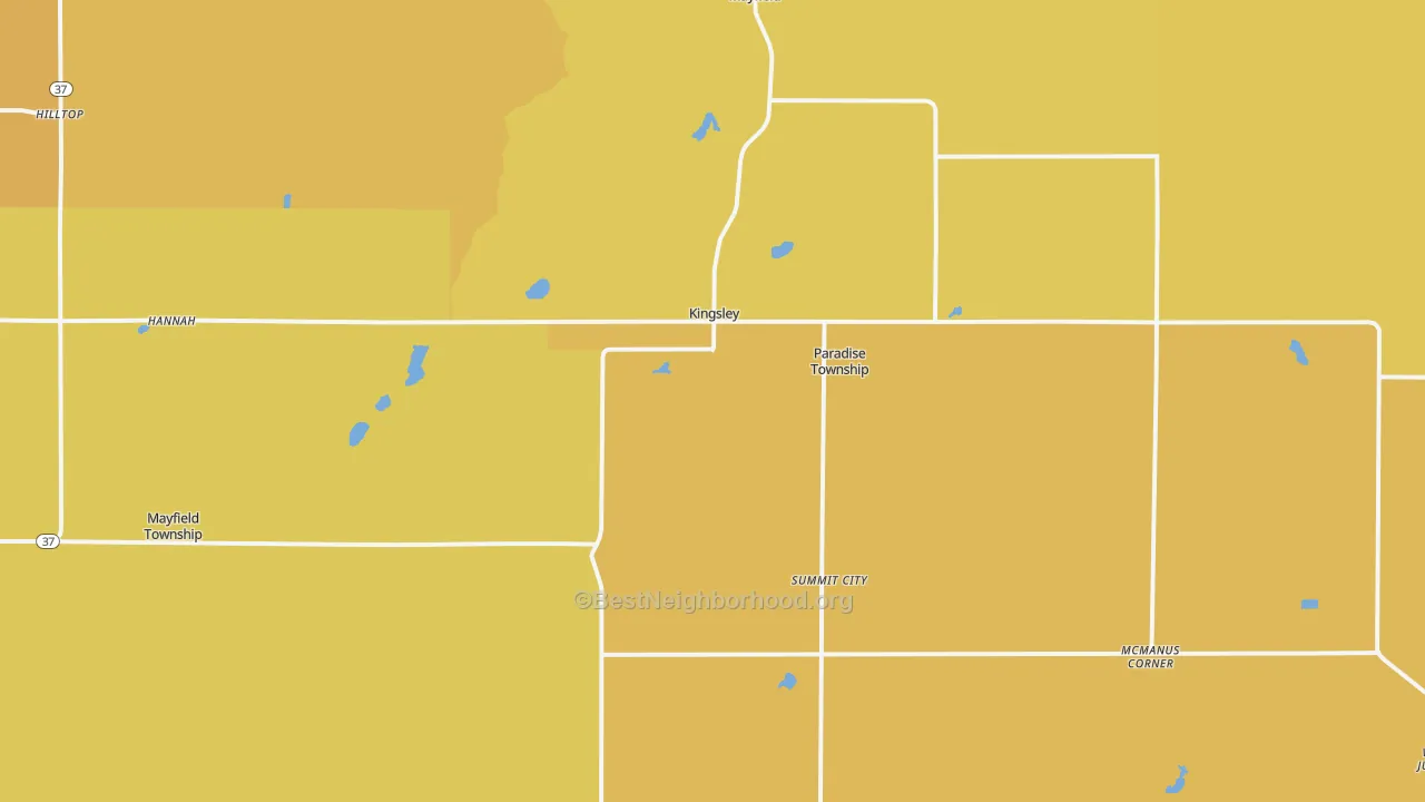 Map of the best neighborhoods in the 49649 area, with better matches in green and worse matches in red