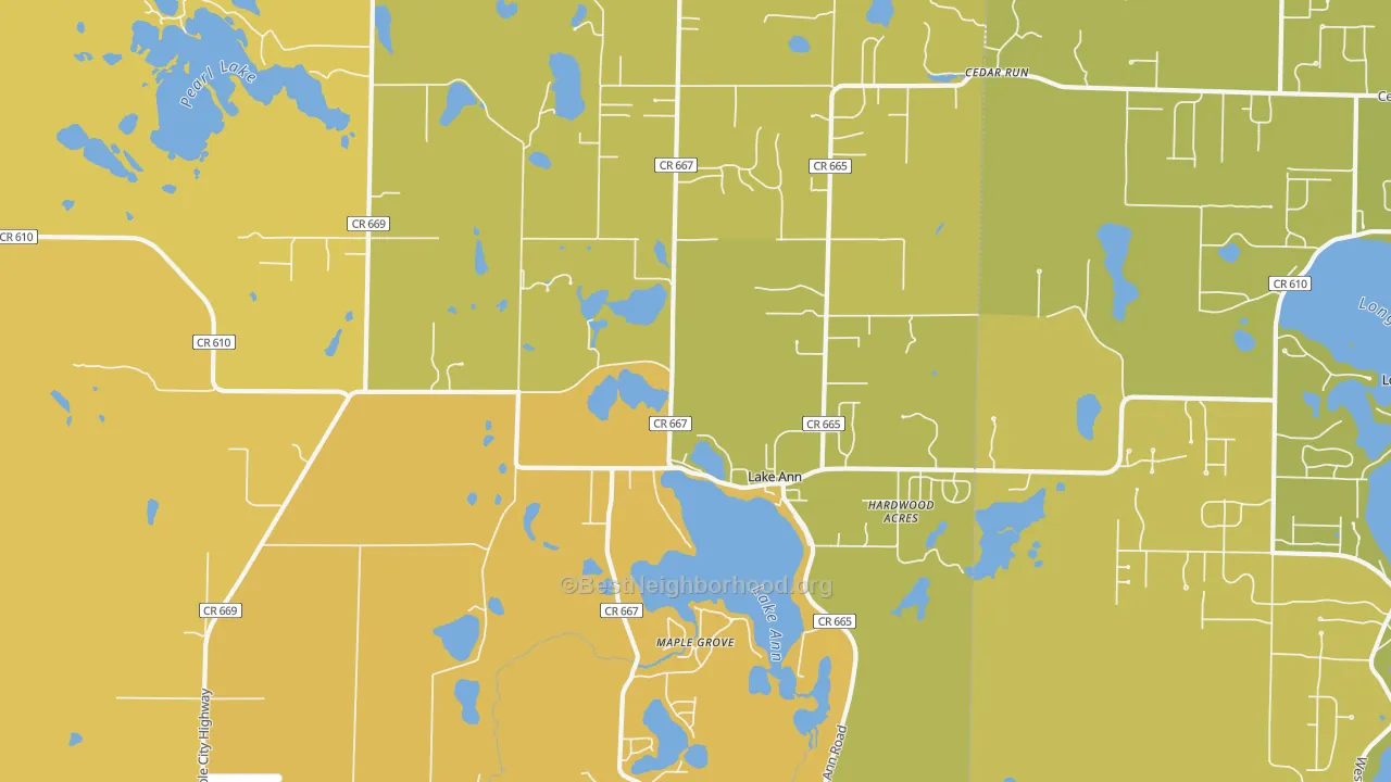 Map of the best neighborhoods in the 49650 area, with better matches in green and worse matches in red