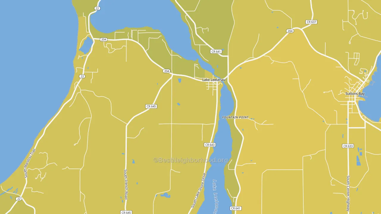 Map of the best neighborhoods in the 49653 area, with better matches in green and worse matches in red