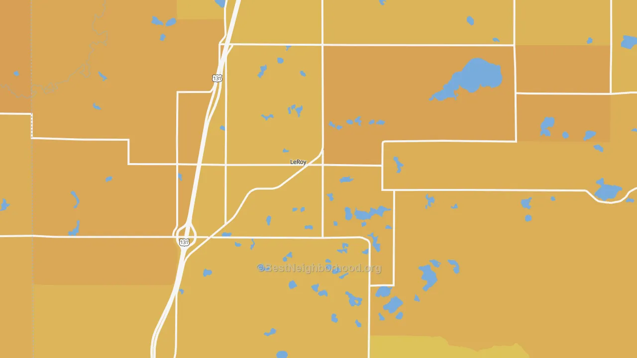 Map of the best neighborhoods in the 49655 area, with better matches in green and worse matches in red