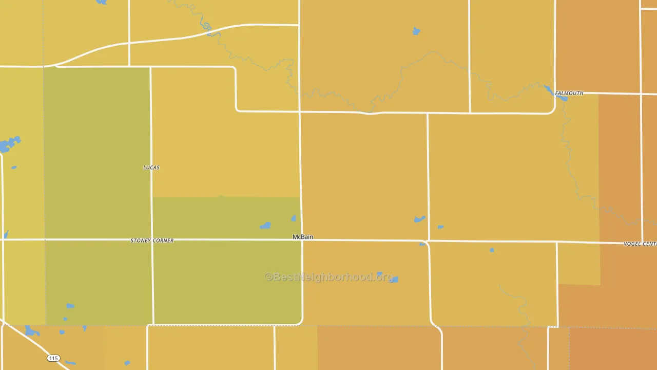 Map of the best neighborhoods in the 49657 area, with better matches in green and worse matches in red
